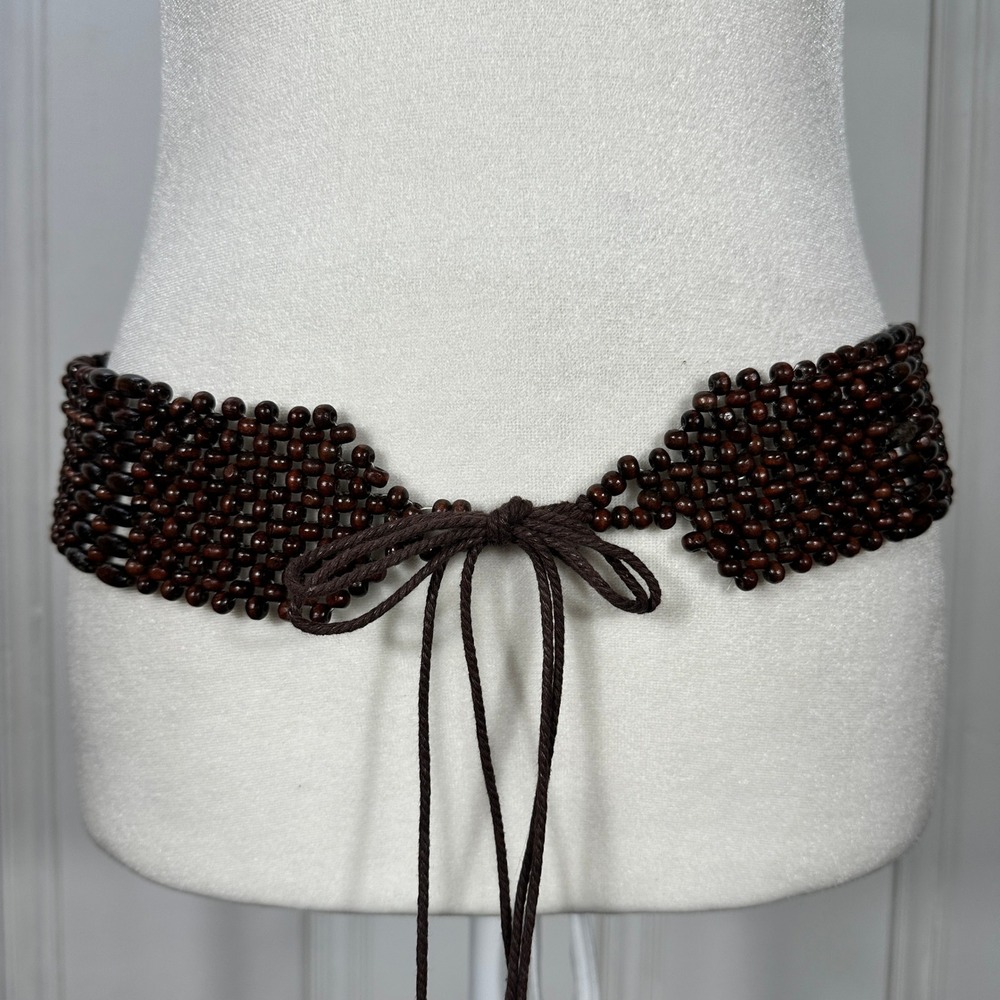 Vintage Brown Wooden Bead Wide Tie Belt Woven Boho Hippie Adjustable Waist